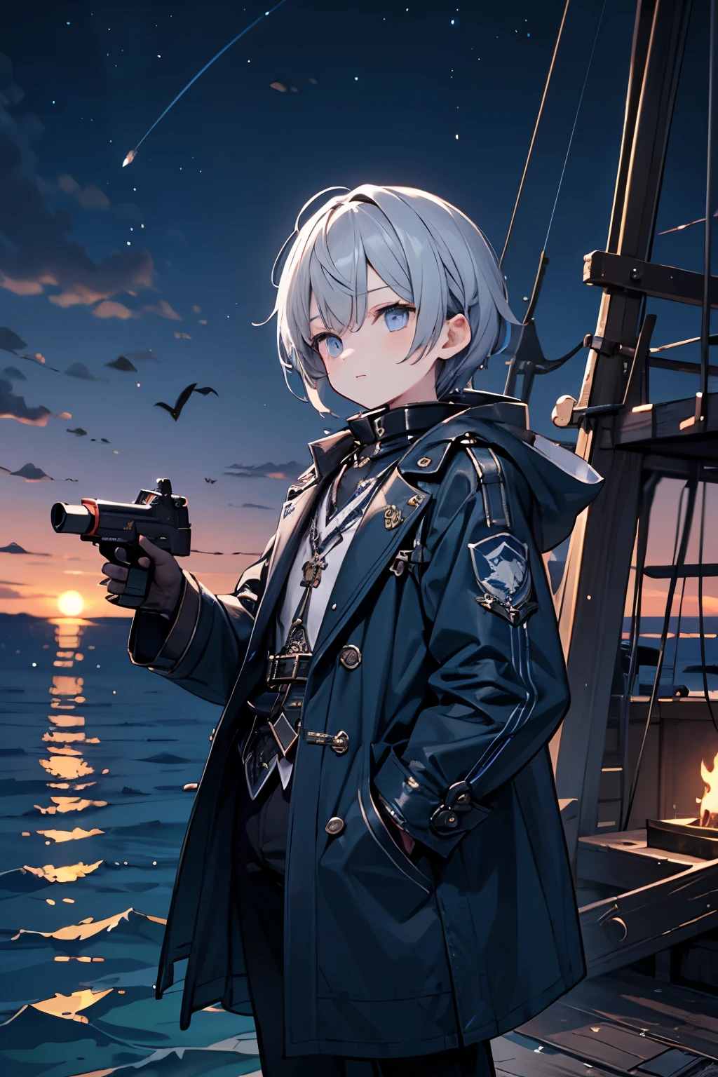 (( young BOY)), dark gray hair, sea, night, A coat that is white in the front and dark blue-grey in the back, decorated with metal sharks, dark blue gray eyes, Steampunk, cute, Long barrel revolver in each hand
