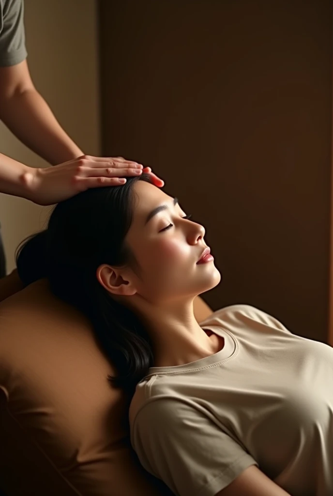 (Having your head massaged)Japanese women、Sleeping、Brown sofa、dim、512×768、profile、T-Shirts、Real、