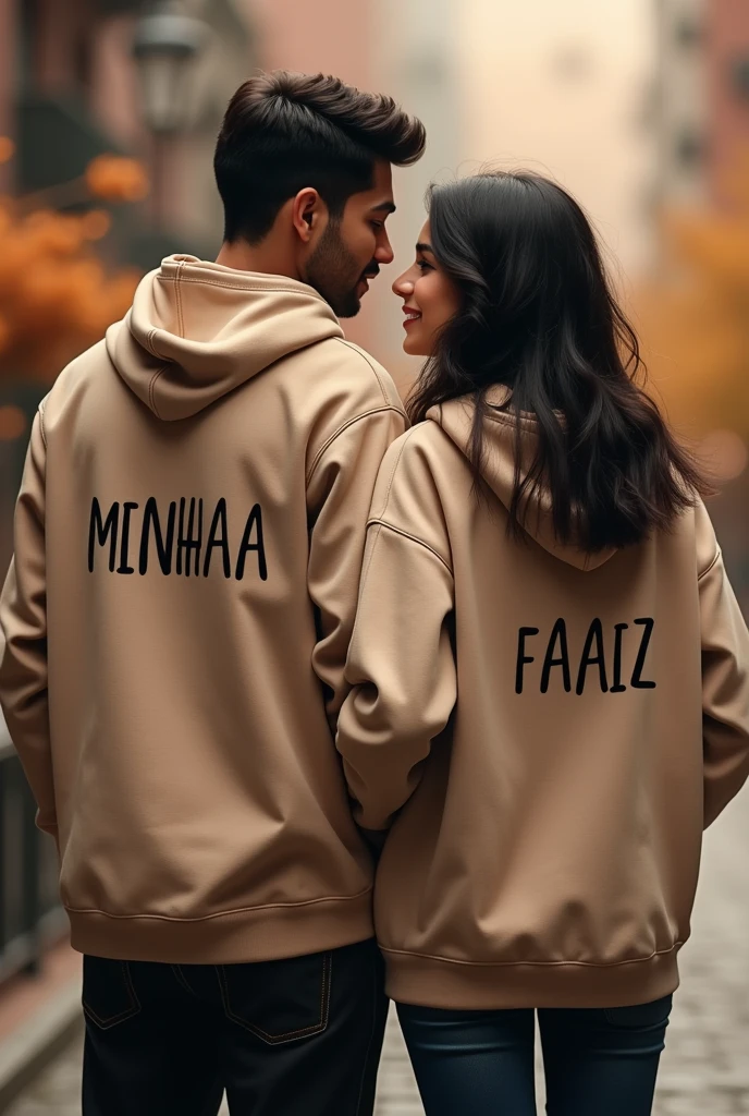 A  wallpaper for couples whering hoodie  on wich name is written on back of hoodie  faaiz  (boy) and Minhaa( girl)
(And pov of couple  is from back) Interchange the couple name and make more realistic 