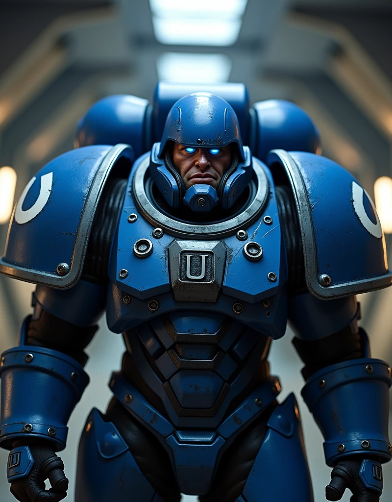 front view a spacemarine of Warhammer The Horus Heresy in blue armor of "Ultramarines" legion, on his blue shoulders of blue armor is big white symbol as white Latin letter "U", his face facing the camera, light-blue iris of the eyes and white sclera of eyes, grin in the facial expression of the mouth, big cabine a room of space base from Warhammer 40k background, photorealistic, photo of Nikon Z60