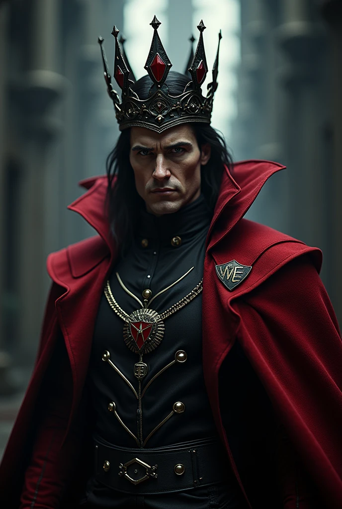 Create adult Dracula with crown using the red demolisher hero outfit and the uniform symbol being VME, highlight the photo from the chest up
