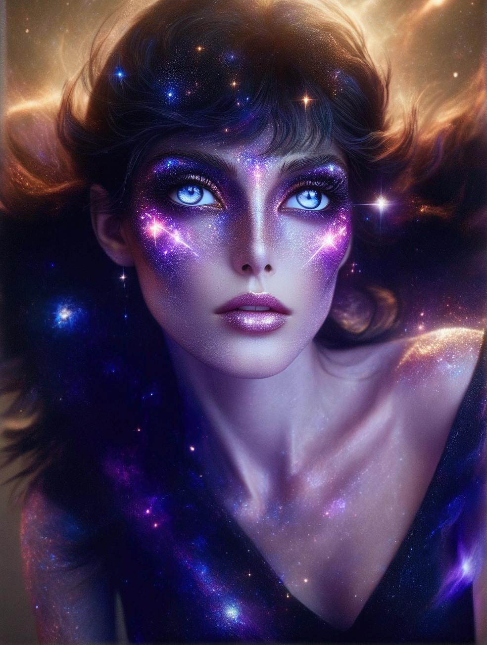 arafed woman with blue eyes and a black dress with a purple glow, portrait of a cosmic goddess, stars in her gazing eyes, strange portrait with galaxy, beauty blade runner woman, futuristic woman portrait, portrait beautiful sci - fi girl, cyborg goddess in cosmos, portrait of a sci - fi woman, sci - fi look, “ femme on a galactic shore