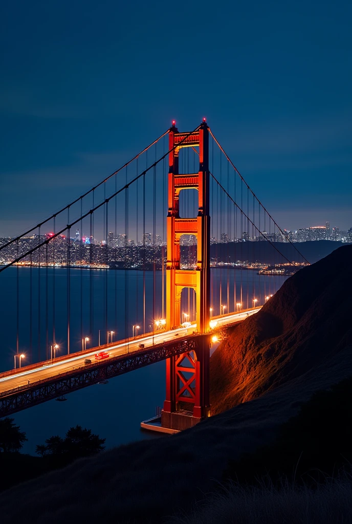The Golden Gate Bridge with the city of San Francisco in the background at night