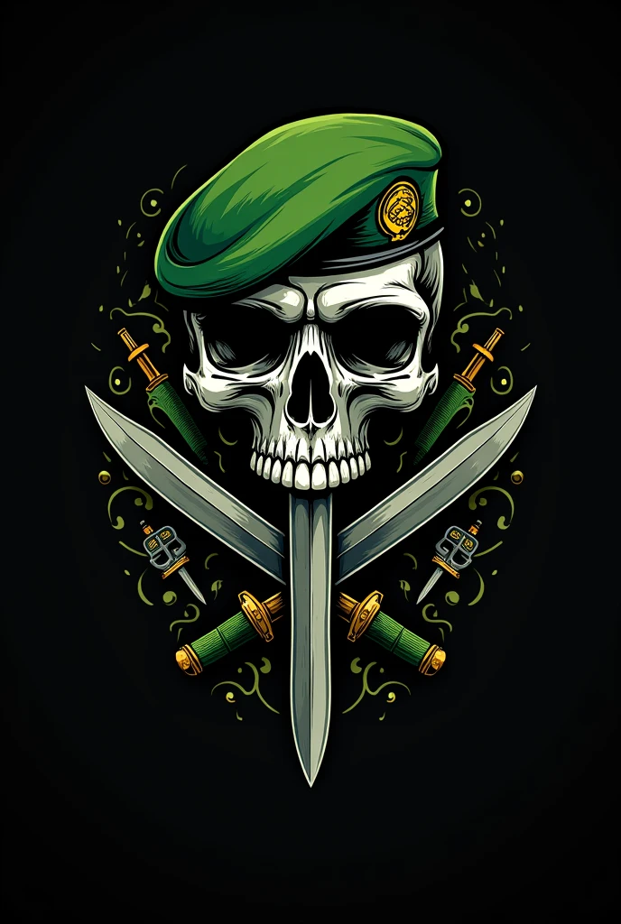 Create a Shirt Template for the Brazilian Army, in black and with symbols on green berets and green areas, with a knife in the skull with space to put the name