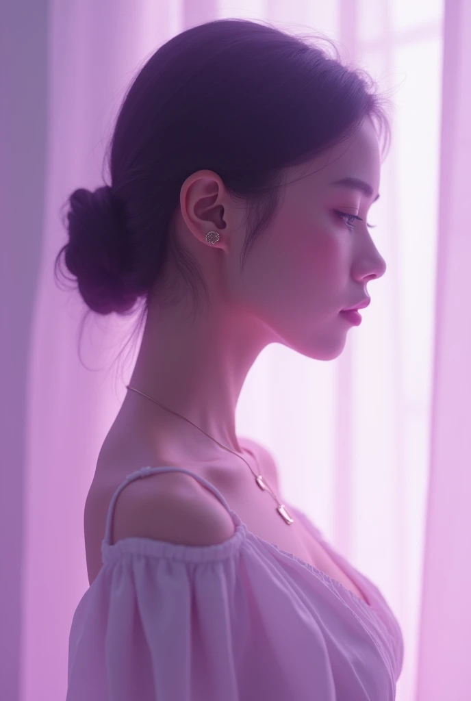 Highest quality,masterpiece,Ultra-high resolution,(Realistic:1.4),One Girl, In the Studio, Pastel purple background,profile,Looking to the side