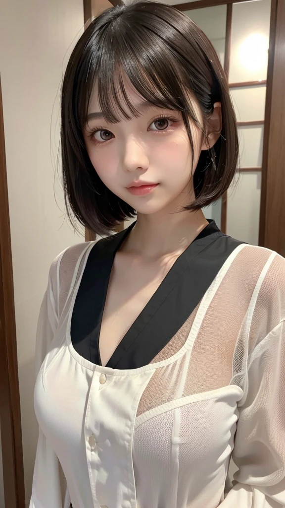 1 girl, Slim girl, Japanese,mesh,Monastic uniform,Black Hair,Small brown eyes,Very droopy eyes,Big thick lips,Large Breasts, Shortcuts, Bangs,