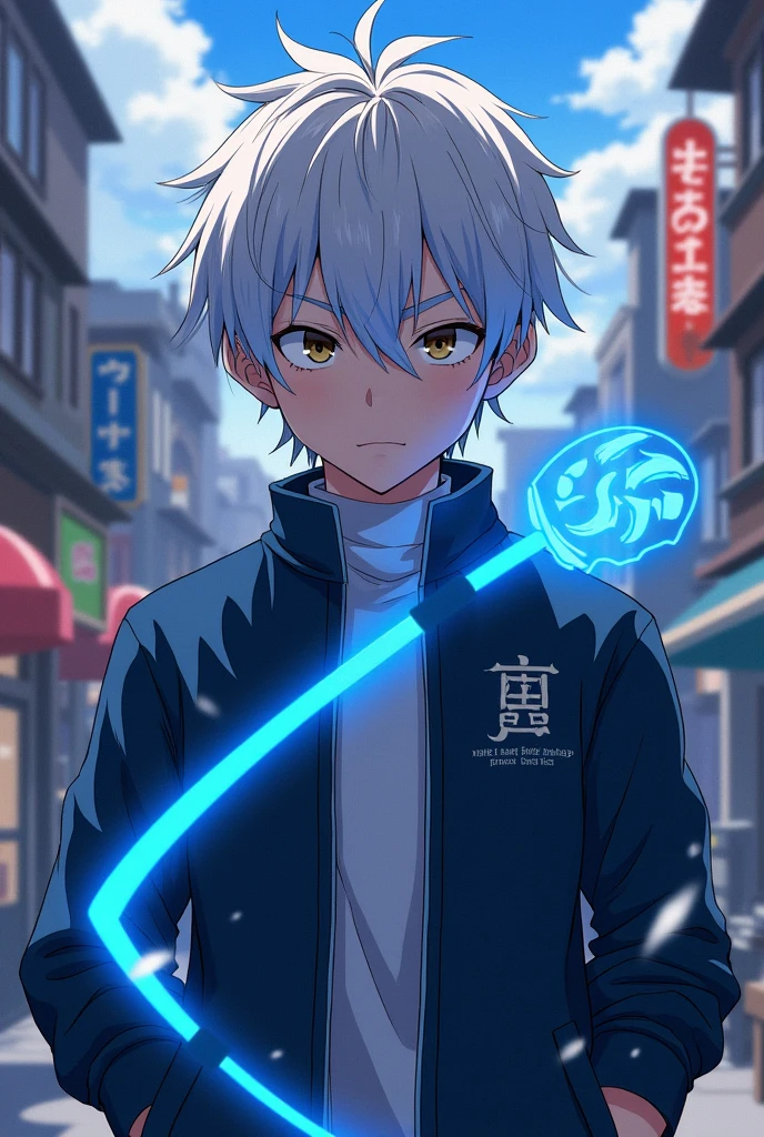 An 16 y/o anime boy with white hair dark blue jacket with (no big collars) and white under turtleneck and an neon blue Sword logo on his jacket with serious emotion in a town