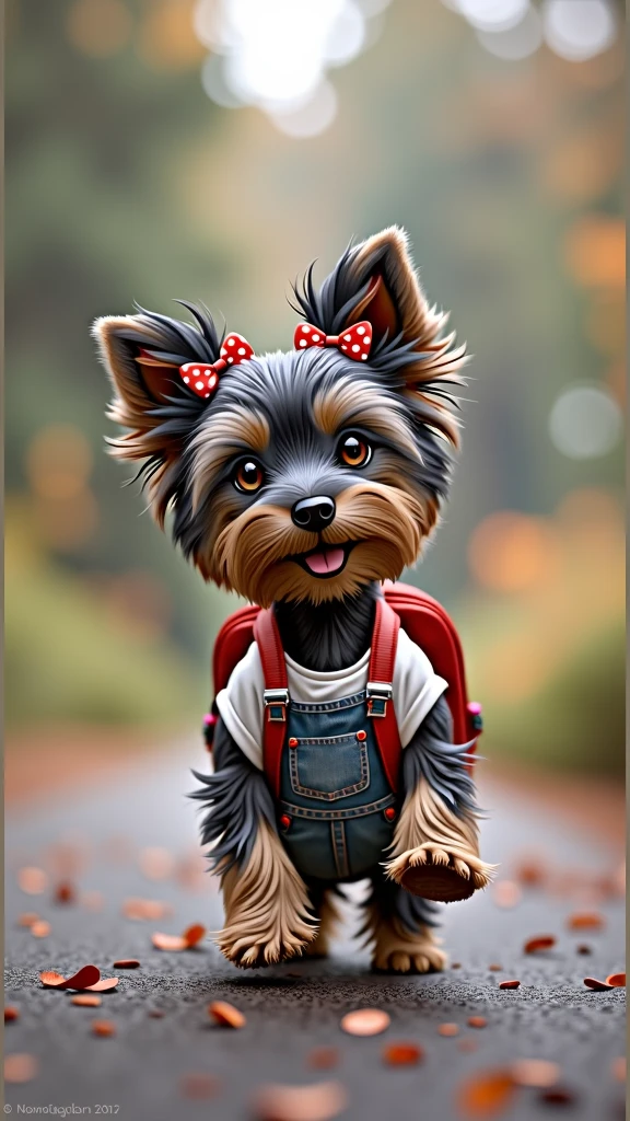 (photorealism:1.2), cute adorable Yorkshire Terrier puppy with a black-blue coat, lighter shades on face and paws. Her fur is long silky and smooth, triangolar proportionated ears, wears two small red bows with white polka dots and mid long pigtails on her head, and a jeans salopette with white T-shirt and colorful backpack, walking on runway. The puppy has sparkling eyes and a cheerful, slightly open mouth
