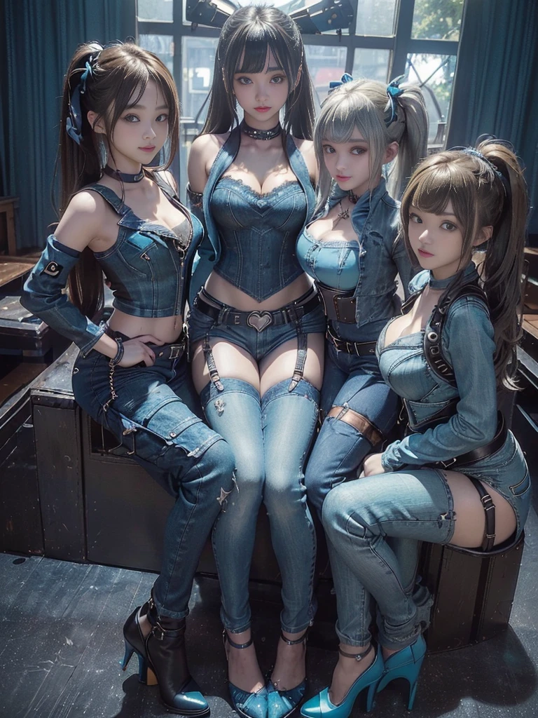 (Three Girls, 3 girls:1.5)、(Full Body View:1.2)、(Side view:1.1)、(Smiling with teeth showing:1.3),(Shibuya Gal:1.5)、(Beautiful:1.4)、(Neo-Goth Fashion:1.5)、(Punk RockVisual Kei:1.3)、(Futuristic turquoise, denim and navy blue bodysuit:1.5)、(A delicate denim and turquoise biker jacket:1.5)、(Gorgeous decorated corset:1.4)、(Navy denim garter belt:1.5)、(Delicate denim, navy and black cargo pants:1.3)、(Heart-shaped silver accessories:1.5)、(Brown Skin Belt:1.4)、(Blue High Heels:1.4)、(Lace underwear:1.4)、20-year-old、Browsing Caution,((Highest quality、In 8K、masterpiece:1.3))、Sharp focus:1.2、(Layered Cut、Huge breasts:1.1),Beautiful woman with perfect figure:1.4、(Dance vigorously:1.3)、Slim Abs:1.2、Butt、Highly detailed face and skin texture、Fine grain、double eyelid,(Twin tails:1.3)、(Brownish golden hair:1.3)、Obscene、Idol Sculpture、(The three of them are posing together:1.3)、(A photoshoot for a gorgeous gravure model with a sunny day in the background:1.3)、(Slimming your legs:1.4)、(The body is slim:1.3)、(clavicle:1.1)