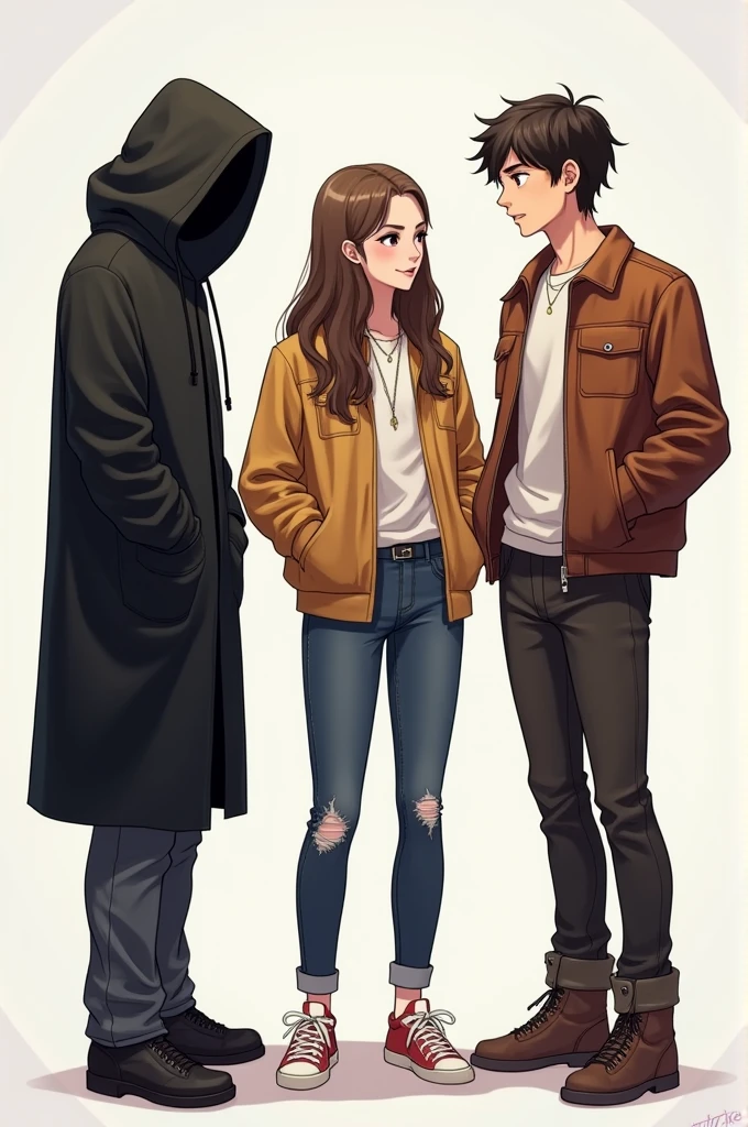 3 friends talking , One of them is hooded in black,The middle one has casual clothes and the last one has brand name clothes.