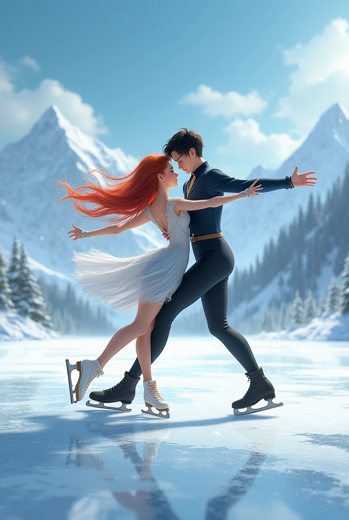 Generate an image of a pair of ice skaters, a red-haired girl with long hair and a black-haired boy