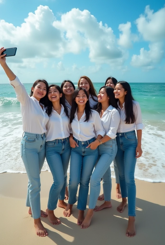 professional photography there are 8 beautiful Indonesian women, who wears a white shirt , jeans, Senada is taking a selfie using a selfie stick , with the background on the beach with the attractive lapping of the waves and bright blue clouds. fullHD, ultrahd+ , Earth's atmosphere,realistic, looks authentic, dramatic scene, must be detailed, seen from above using a drone