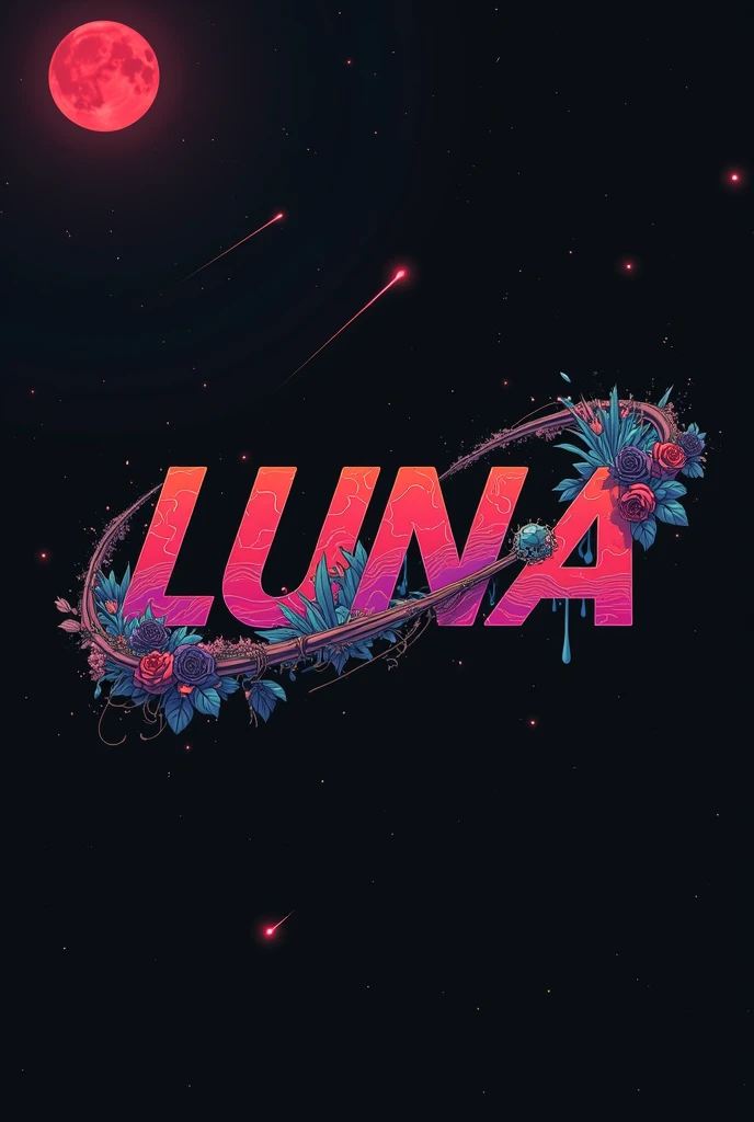 High resolution, red moon, logo spelling swiftly “Luna” cool, Jdm theme, anime theme, Cyberpunk vibe name spelling, brand logo, logo for tshirt, brand logo “LUNA”, neon vibes, acid trip vibes, acid trip, shooting stars, acid trip inside “LUNA”, acid trip, hallucinations inside “LUNA”, Waves of hallucinations, splash, waves of futuristic hallucinations, red moon hallucinations, stars in the background, growing roses inside “LUNA” , ghosts hallucinations, 