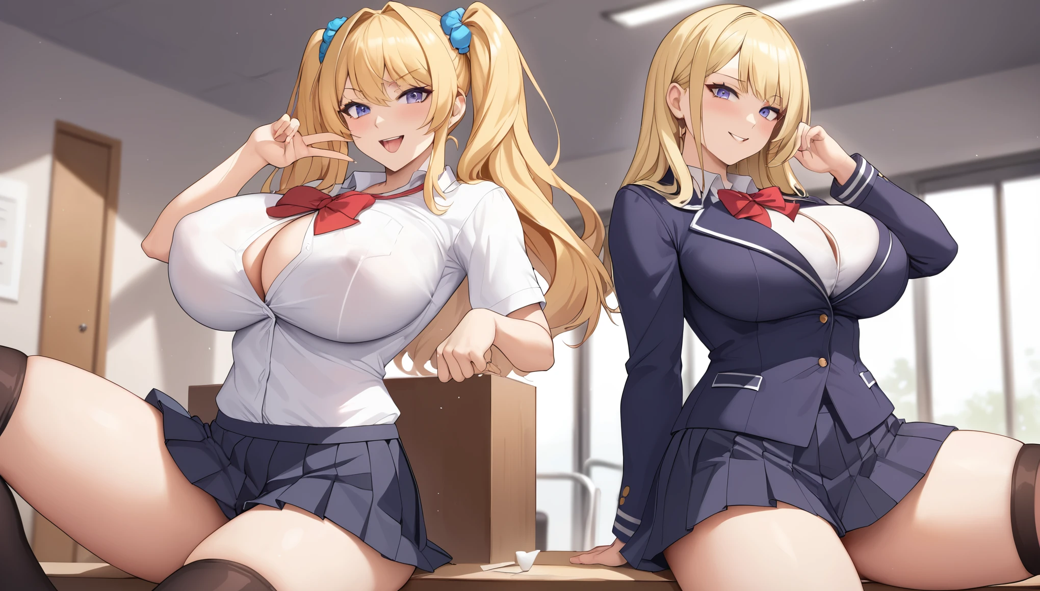 Highest quality masterpiece High resolution Two Girls High school uniform mini skirt Black and blonde hair (Big Breasts) Bright and dark expressions
