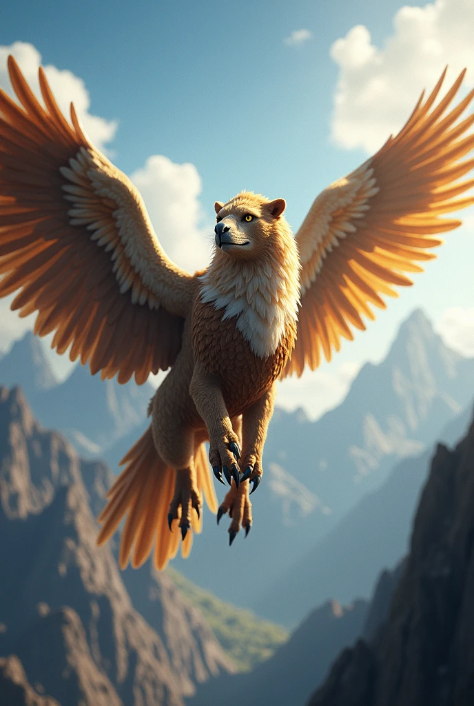 A majestic griffin with the body of a lion and the head and wings of an eagle, soaring through the sky. The griffin’s fur is golden and its feathers are a mix of brown and white, with sharp talons glinting in the sunlight. The background shows a dramatic landscape with tall mountains, a deep blue sky with a few clouds, and rays of sunlight breaking through. The griffin’s eyes are fierce and intelligent, and it carries an aura of power and wisdom. The overall style is highly detailed and realistic, with emphasis on the texture of the fur and feathers.