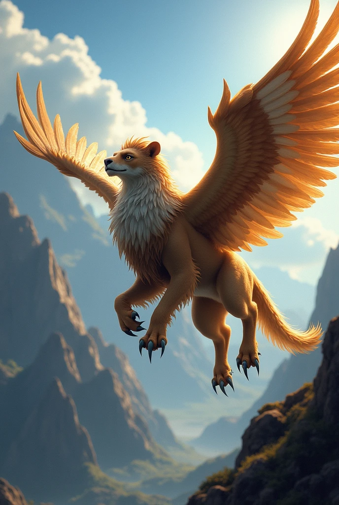 A majestic griffin with the body of a lion and the head and wings of an eagle, soaring through the sky. The griffin’s fur is golden and its feathers are a mix of brown and white, with sharp talons glinting in the sunlight. The background shows a dramatic landscape with tall mountains, a deep blue sky with a few clouds, and rays of sunlight breaking through. The griffin’s eyes are fierce and intelligent, and it carries an aura of power and wisdom. The overall style is highly detailed and realistic, with emphasis on the texture of the fur and feathers.