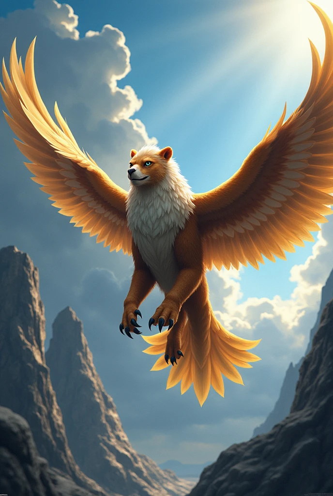 A majestic griffin with the body of a lion and the head and wings of an eagle, soaring through the sky. The griffin’s fur is golden and its feathers are a mix of brown and white, with sharp talons glinting in the sunlight. The background shows a dramatic landscape with tall mountains, a deep blue sky with a few clouds, and rays of sunlight breaking through. The griffin’s eyes are fierce and intelligent, and it carries an aura of power and wisdom. The overall style is highly detailed and realistic, with emphasis on the texture of the fur and feathers.