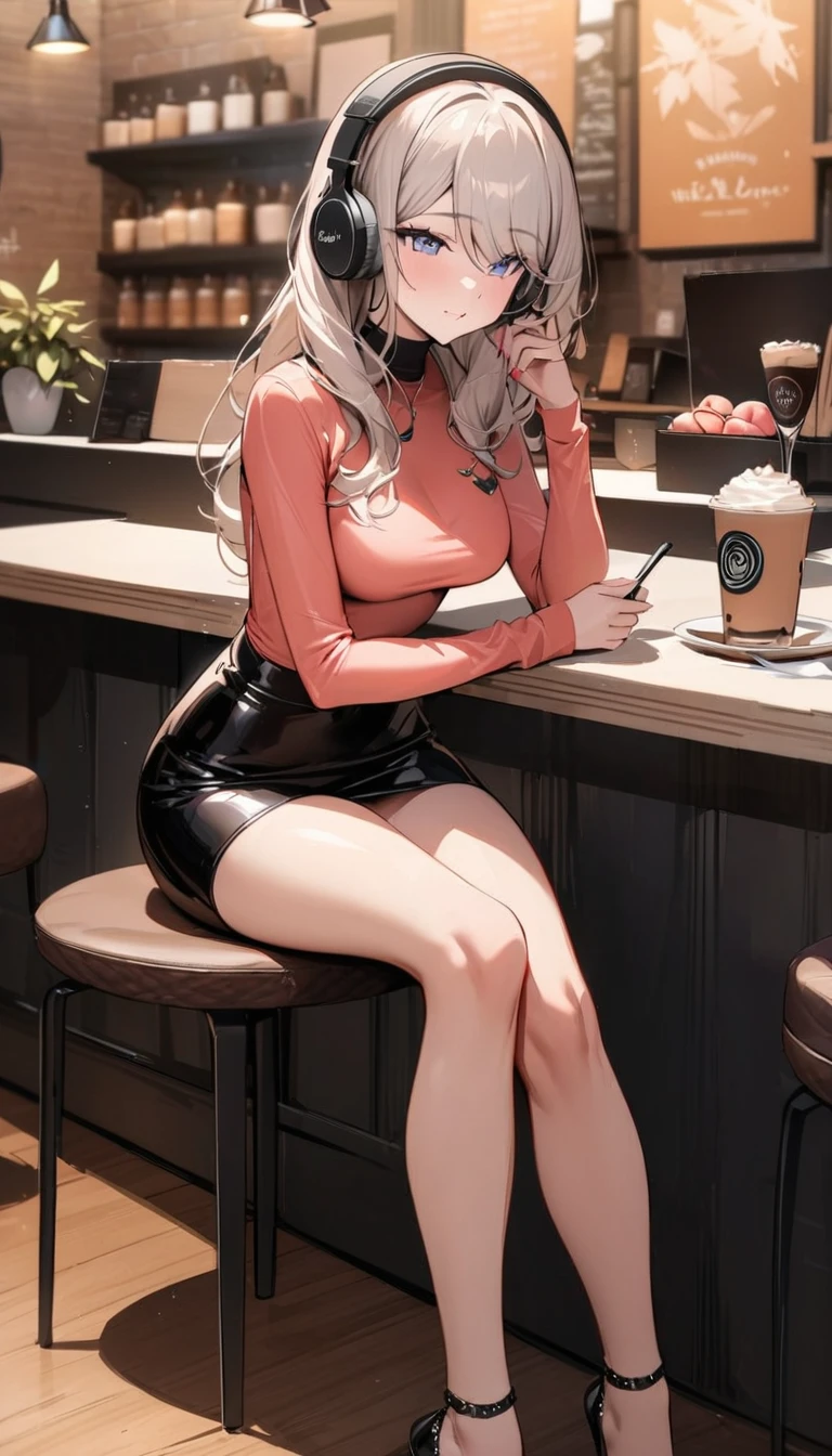 ((Top Quality)), ((Masterpiece)), ((Details)), perfect face, perfect body, fallen leaves background, sitting in a cafe, listening to music, sitting with legs apart, wearing tight clothes, wear a tight skirt, dating, Woman with face visible, glamorous, peach clothe