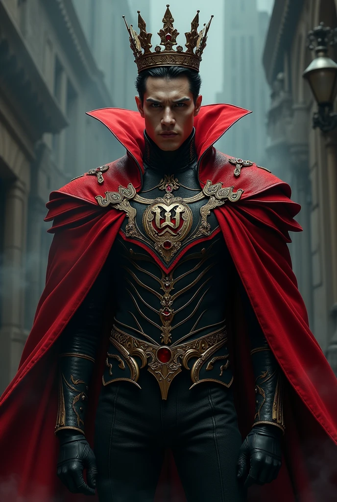 Create the adult Dracula with crown using the red demolisher hero outfit and the uniform symbol being very large VME