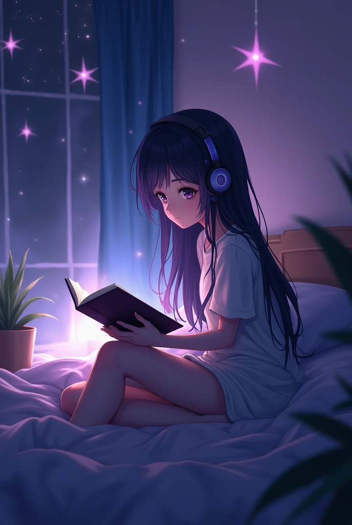 A female character in an anime is reading a book and listening to music in a room with dim purple lights and sparkling stars.