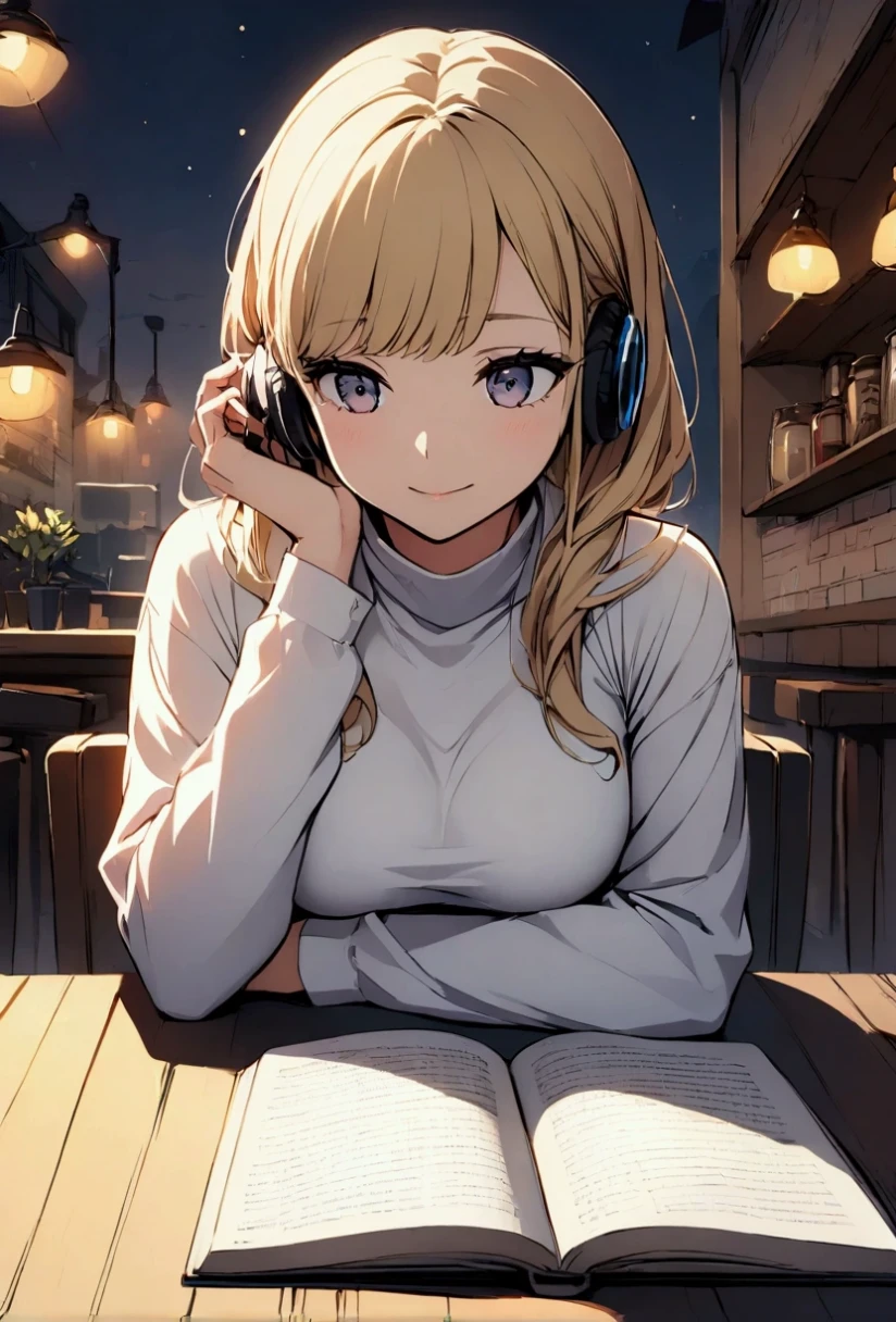 anime girl with headphones on sitting at a table with a book, an anime girl, anime best girl, attractive anime girl, young anime girl, (anime girl), cute anime girl, best anime 4k konachan wallpaper, beautiful anime girl, blonde anime girl with long hair, anime visual of a cute girl, pretty anime girl, anime style 4 k