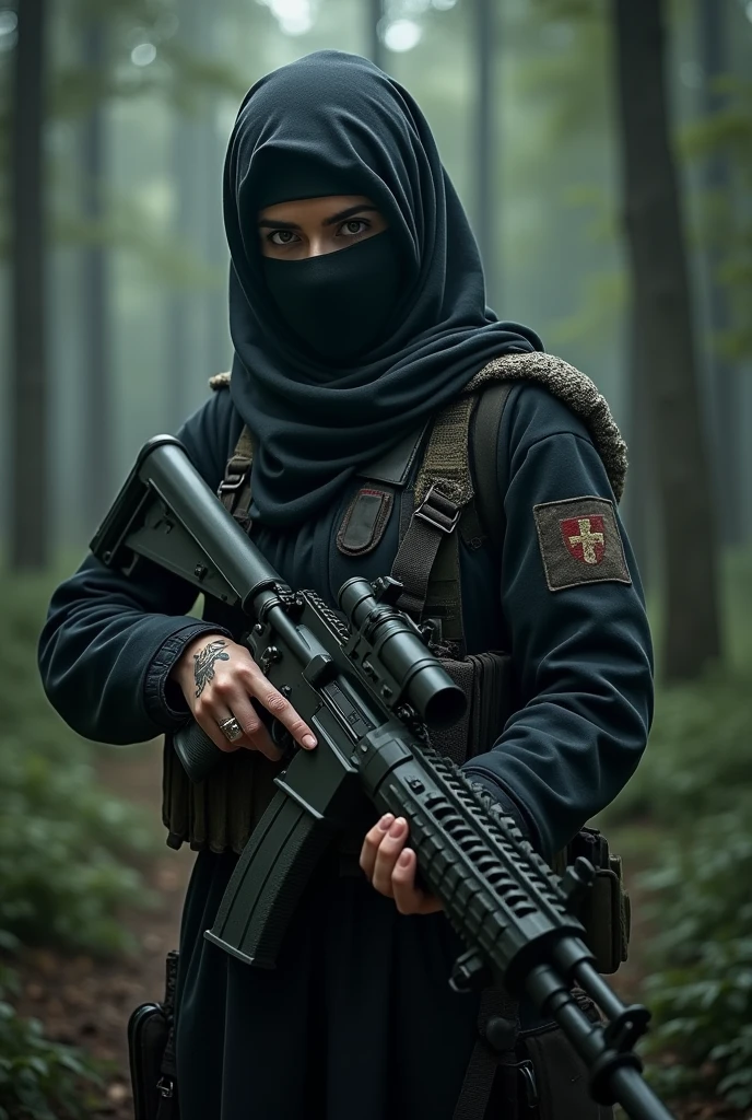 The Muslim army women cover his full face eye show and his hand holding a big gun and his hand tattoo like a "Rifka " name and his standing on a dark Forest