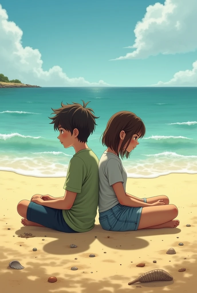 A boy and a girl sitting back to back on the beach ignoring each other