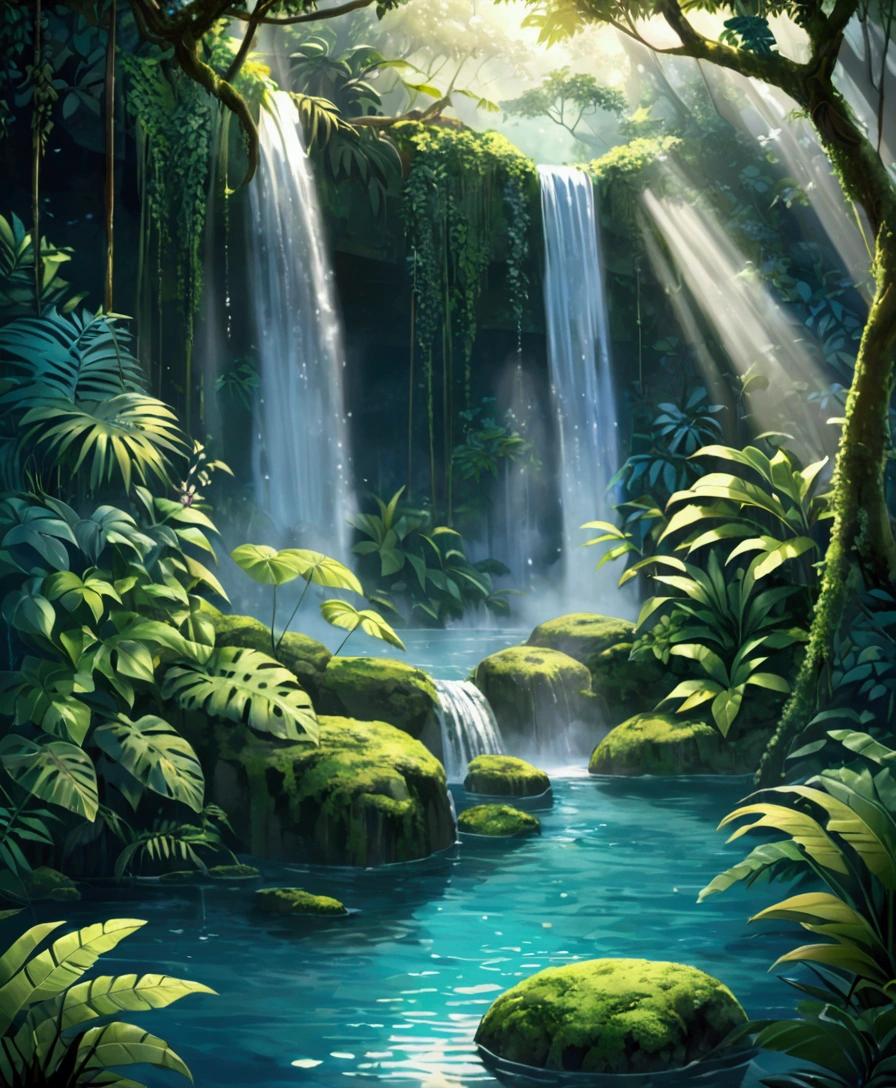 "A mystical waterfall cascades gracefully down a series of moss-covered rocks, its waters shimmering as they tumble into a crystal-clear, blue pool below. The pool, calm and serene, mirrors the vibrant green of the dense jungle foliage that surrounds it, with ferns, vines, and tropical plants thriving in the misty atmosphere. Beams of sunlight pierce through the thick canopy of trees above, creating ethereal shafts of light that dance across the water's surface and illuminate the fine mist rising from the waterfall. The air is thick with the scent of damp earth and blooming flowers, and the soft rustling of leaves blends with the gentle roar of the waterfall, enhancing the magical ambiance of this hidden sanctuary deep within the jungle."