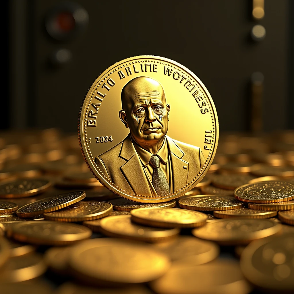 Bald man minted on gold coin, completamente careca, no mustache or beard, descreve um ditador careca brazileiro chorando, again 2024, Written (worthless) sad and worthless, with suit and tie, brazileiro, Brazilian flag minted on the coin, just a coin standing facing the round camera, with some minted details, giving impression of value, Ao fundo, piles of coins and safes, ultra wide angle image with high definition
