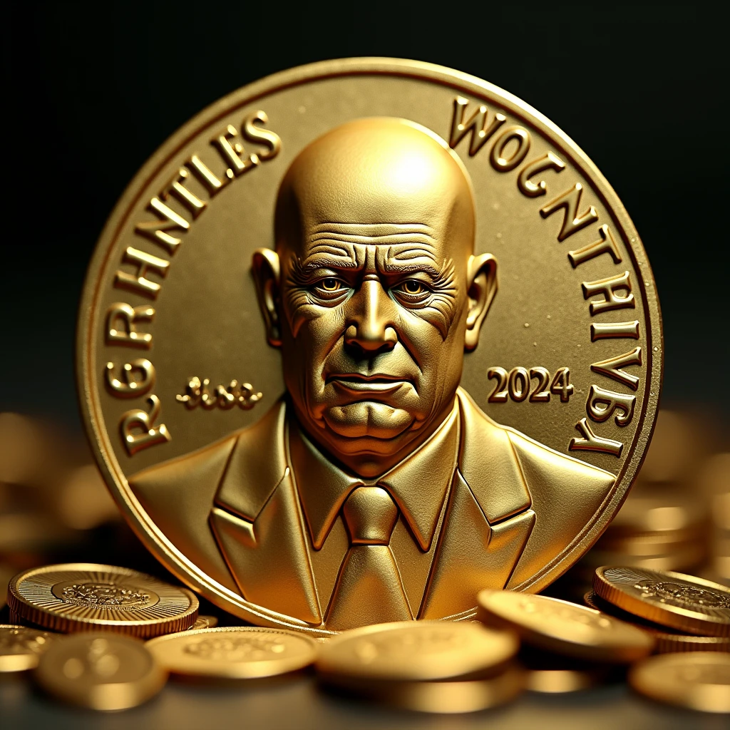 Bald man minted on gold coin, completamente careca, no mustache or beard, descreve um ditador careca brazileiro chorando, again 2024, Written (worthless) sad and worthless, with suit and tie, brazileiro, Brazilian flag minted on the coin, just a coin standing facing the round camera, with some minted details, giving impression of value, Ao fundo, piles of coins and safes, ultra wide angle image with high definition