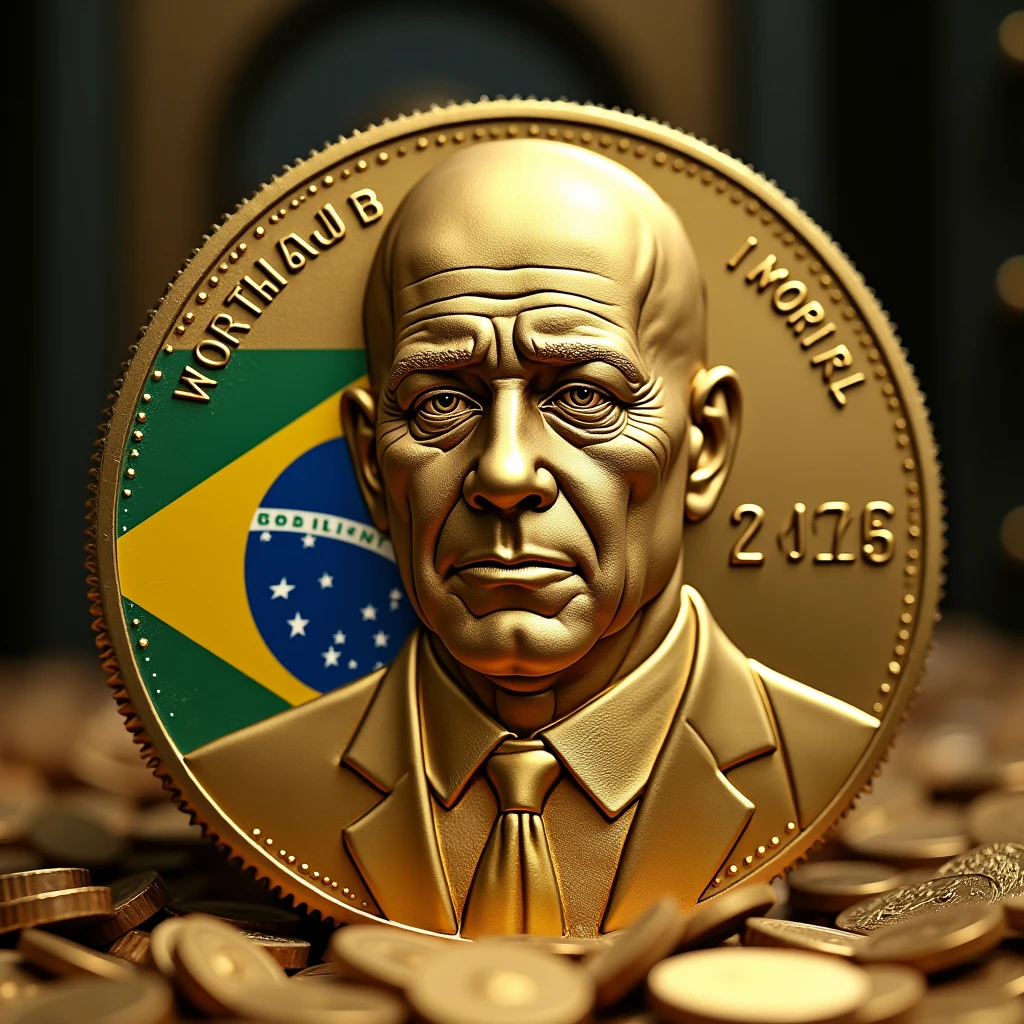 Bald man minted on gold coin, completamente careca, no mustache or beard, descreve um ditador careca brazileiro chorando, again 2024, Written (worthless) sad and worthless, with suit and tie, brazileiro, Brazilian flag minted on the coin, just a coin standing facing the round camera, with some minted details, giving impression of value, Ao fundo, piles of coins and safes, ultra wide angle image with high definition