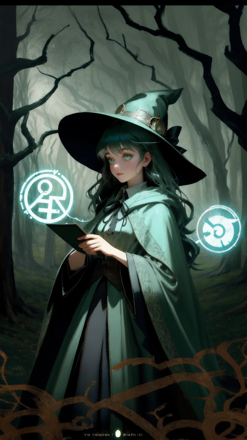 A whimsical scene in an enchanted forest with twisted, eerie trees and floating symbols. A young girl with a wide-brimmed hat and glowing, mysterious eyes stands on a cobblestone path. She has a surprised expression, holding an object like a scroll or parchment (without any text) in both hands. Her outfit is a mix of fantasy and steampunk style, with a cloak and a small clock symbol on her hat. The background is filled with curving, gnarled branches and a soft, misty green atmosphere, adding a sense of magic and mystery to the scene