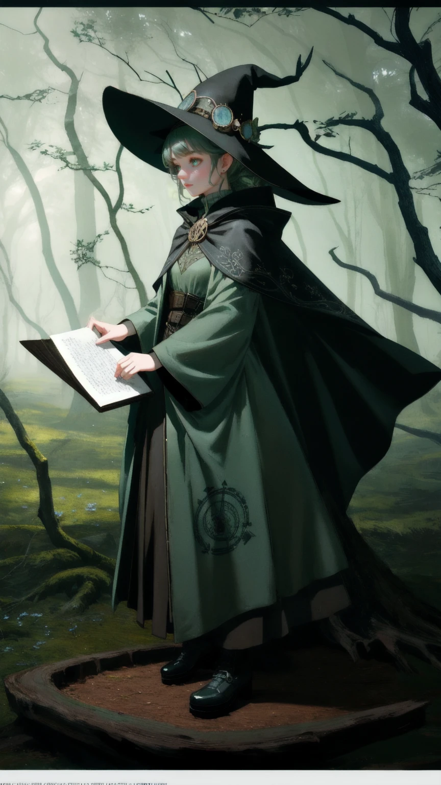 A whimsical scene in an enchanted forest with twisted, eerie trees and floating symbols. A young girl with a wide-brimmed hat and glowing, mysterious eyes stands on a cobblestone path. She has a surprised expression, holding an object like a scroll or parchment (without any text) in both hands. Her outfit is a mix of fantasy and steampunk style, with a cloak and a small clock symbol on her hat. The background is filled with curving, gnarled branches and a soft, misty green atmosphere, adding a sense of magic and mystery to the scene