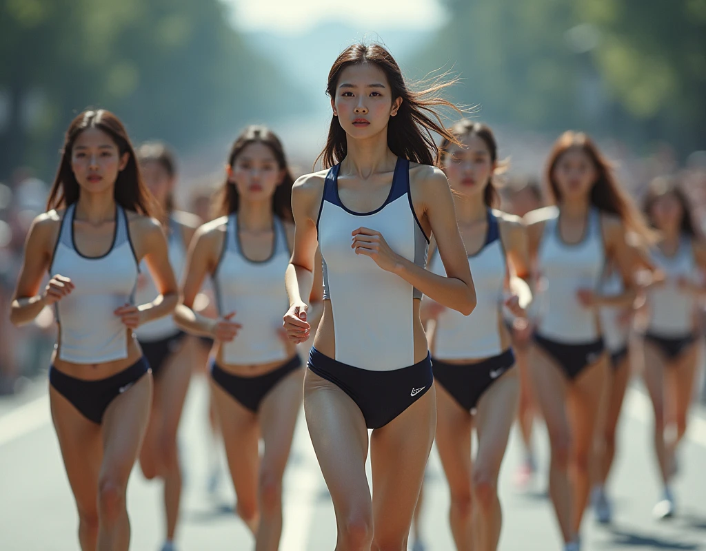 gym、Volleyball Uniforms、A group of 10 girls running side by side、(8K、Super A high resolution、Highest quality、Masterpiece、RAW portrait of a Japanese-American girl、Super A high resolution、Highest quality:1.1) (Big Breasts、Quite large breasts、Cleavage:1.3)(Running Wear、High-legged bloomers、running shoes、Track and field athlete:1.5)(Low - Angle、Driving in the truck lane、Short distance walking、Running with her chest shaking wildly、Sprinting through the university&#39;s track and field stadium:1.4) BREAK(Natural skin texture、Detailed skin、Hyperrealism、Ultra Sharpness)、Intricate details、Character border depth(masterpiece、Highest quality、High definition、Photoreactivity:1.1)、 Happy Smile、short black bob、Big Eye、Clear double eyelids、Clear double eyelids、Small face)(vision、Eye highlight、Light Brown Eyes、Lip gloss)