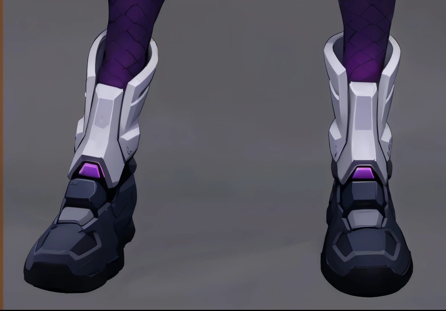 White Mech Armor,White plastic texture,Black metal shoes,Gold metal base,Purple glow effects,4K,No characters,Vertical painting texture