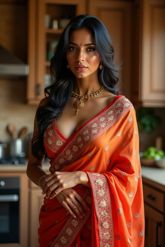 Hot Indian bhabhi in very sexy saree  in kitchen with big cleavage in clear lights seducing