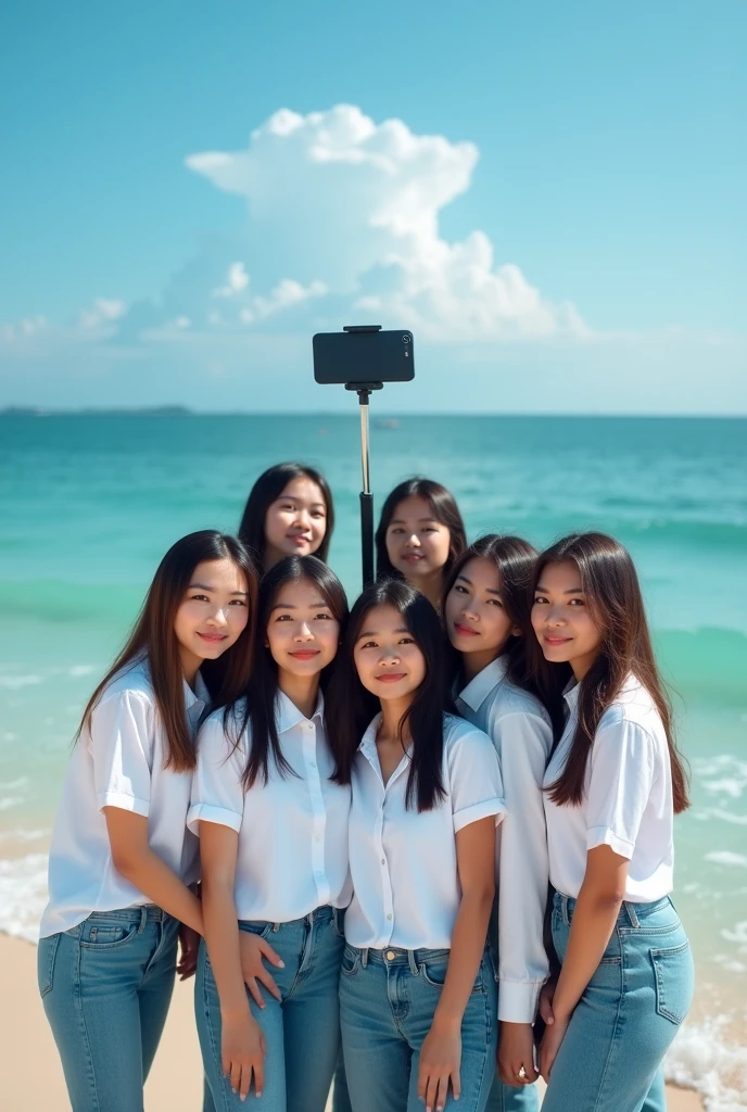professional photography there are 8 beautiful Indonesian women, who wears a white shirt , jeans, In tune while posing together using a selfie stick , with the background on the beach with the attractive lapping of the waves and bright blue clouds. fullHD, ultrahd+ , Earth's atmosphere,realistic, looks authentic, dramatic scene, must be detailed, seen from above using a drone