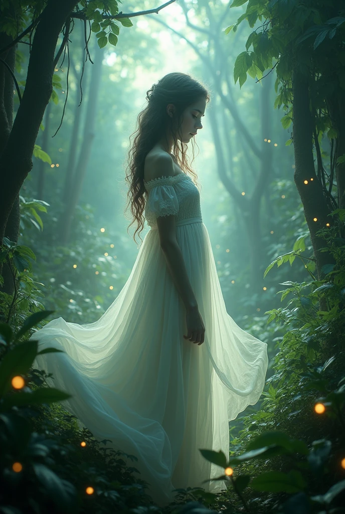 A 30 year's old woman in jungle in ghost dress