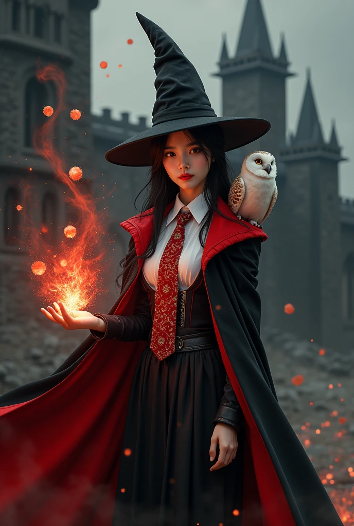 photorealistic photo, asian woman, white skin, Facing straight, Fluffy black hair, Slender fingers, There are five fingers on each hand., Black witch cloak, Red inner hood, black witch hat, White collared inner shirt, Red and white patterned tie, In the hand holding a small magic wand, There were several red fireballs and red smoke coming out of the wood., A white owl stands on the right shoulder., A large golden lion with a fiery red mane appeared from the left rear., The background is an old black castle.