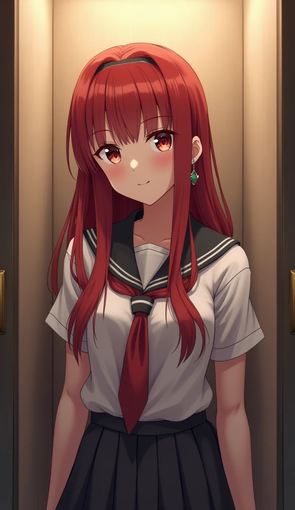 Japanese redhead SCHOOLGIRL　narrow　Separate toilet 1 girl, solo, long hair, looks at the viewer, Smile, a high resolution, masterpiece, accuracy, Realistic anatomy, big breasts, earrings, 