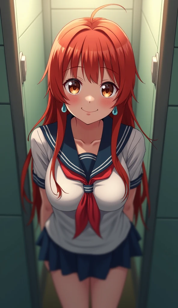 Japanese redhead SCHOOLGIRL　narrow　Separate toilet 1 girl, solo, long hair, looks at the viewer, Smile, a high resolution, masterpiece, accuracy, Realistic anatomy, big breasts, earrings, 