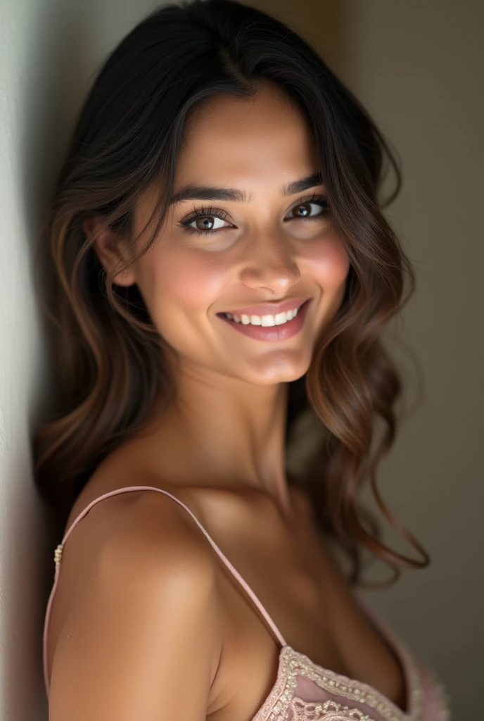 There is a young, Beautiful indian woman, who looks to the future like Katrina Kaif. Smiles into the camera, beautiful teeth. She stands there and looks into the camera, a portrait from raw photo, europa dress,