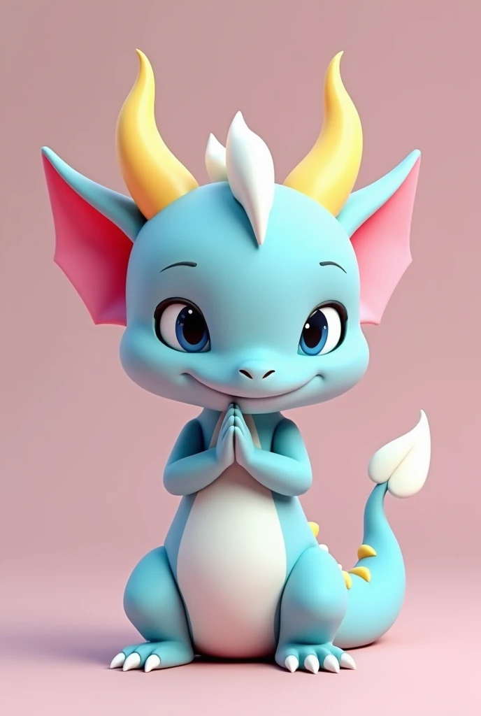 Cute cartoon baby dragon, with a pastel blue body, yellow horns, and pink claws, in a sitting pose on its hind legs like a cat, hands folded in a prayer position, and a white tail facing upwards. Three views are shown: front, side, and rear. The rendering style is c4d, with super high-definition details and a solid color background. This is a 3D modeling cartoon character design.