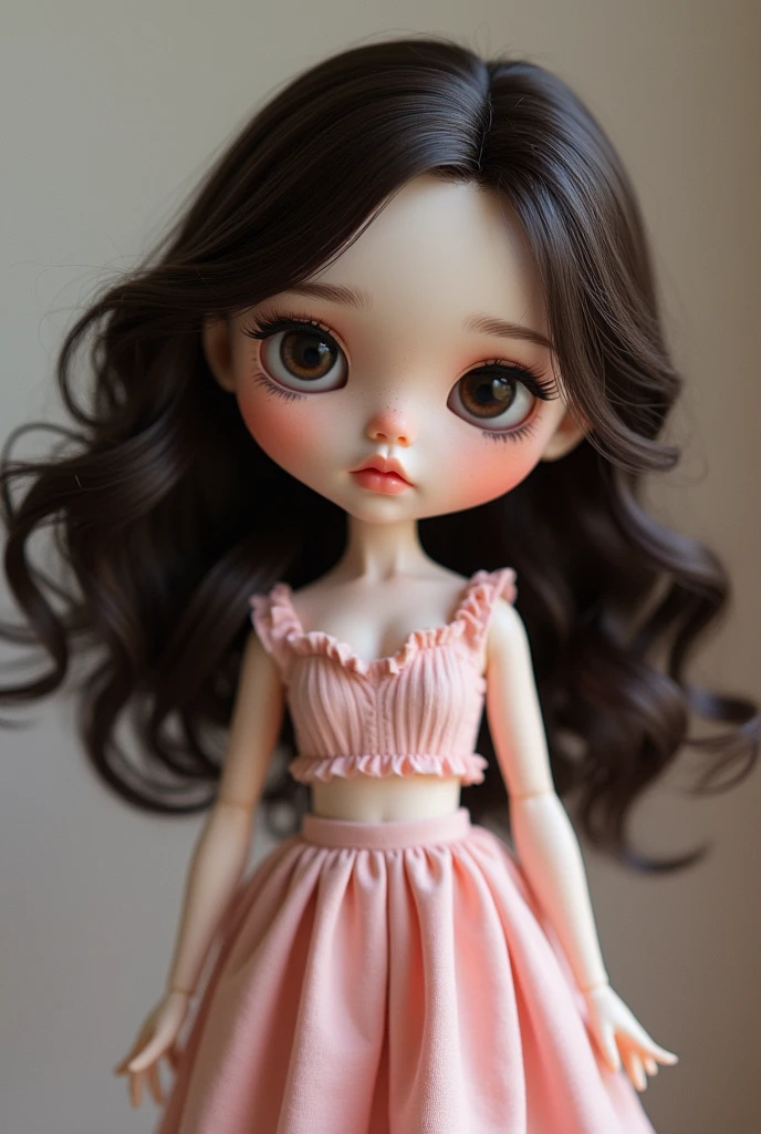 A Blythe doll with dark brown hair, dark eyes, white skin, light eyebrow, thick eyelash, pink lips, blush and wearing a pink croptop