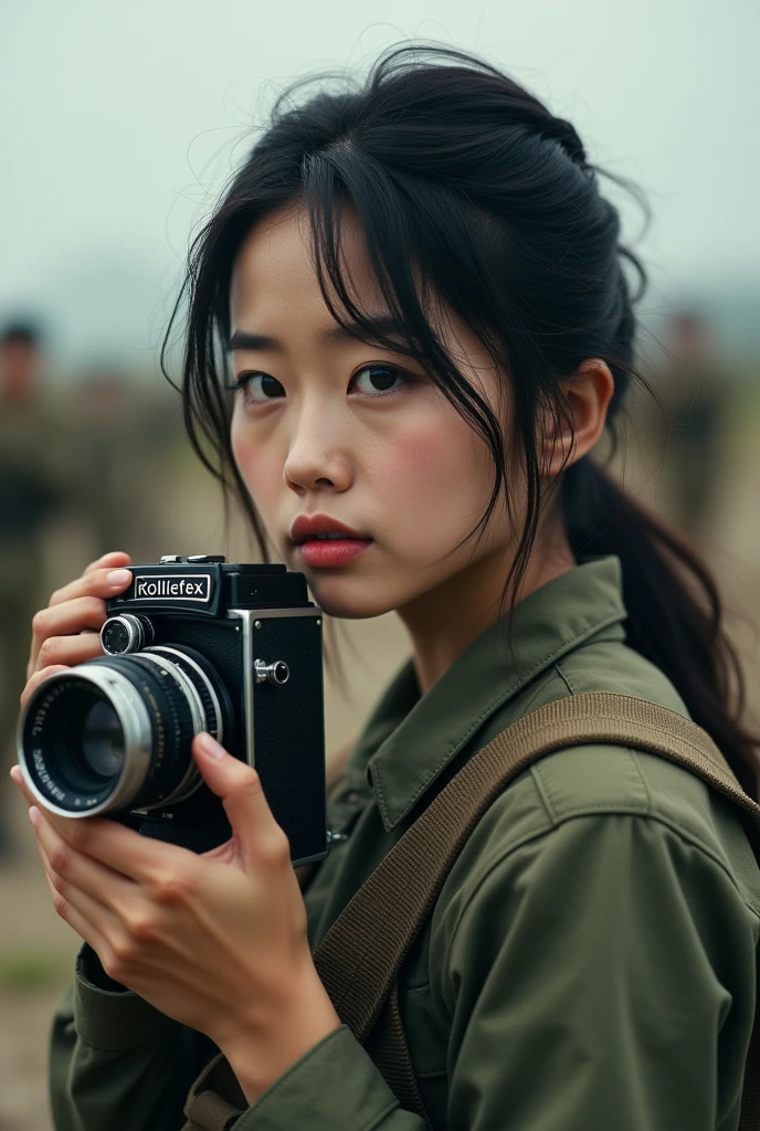 Japanese very beautiful with cute girl, holding classical rolleiflex twin lens reflex camera, military cameraman, fully equipped for battle, at battle field, nervous, shoot from side