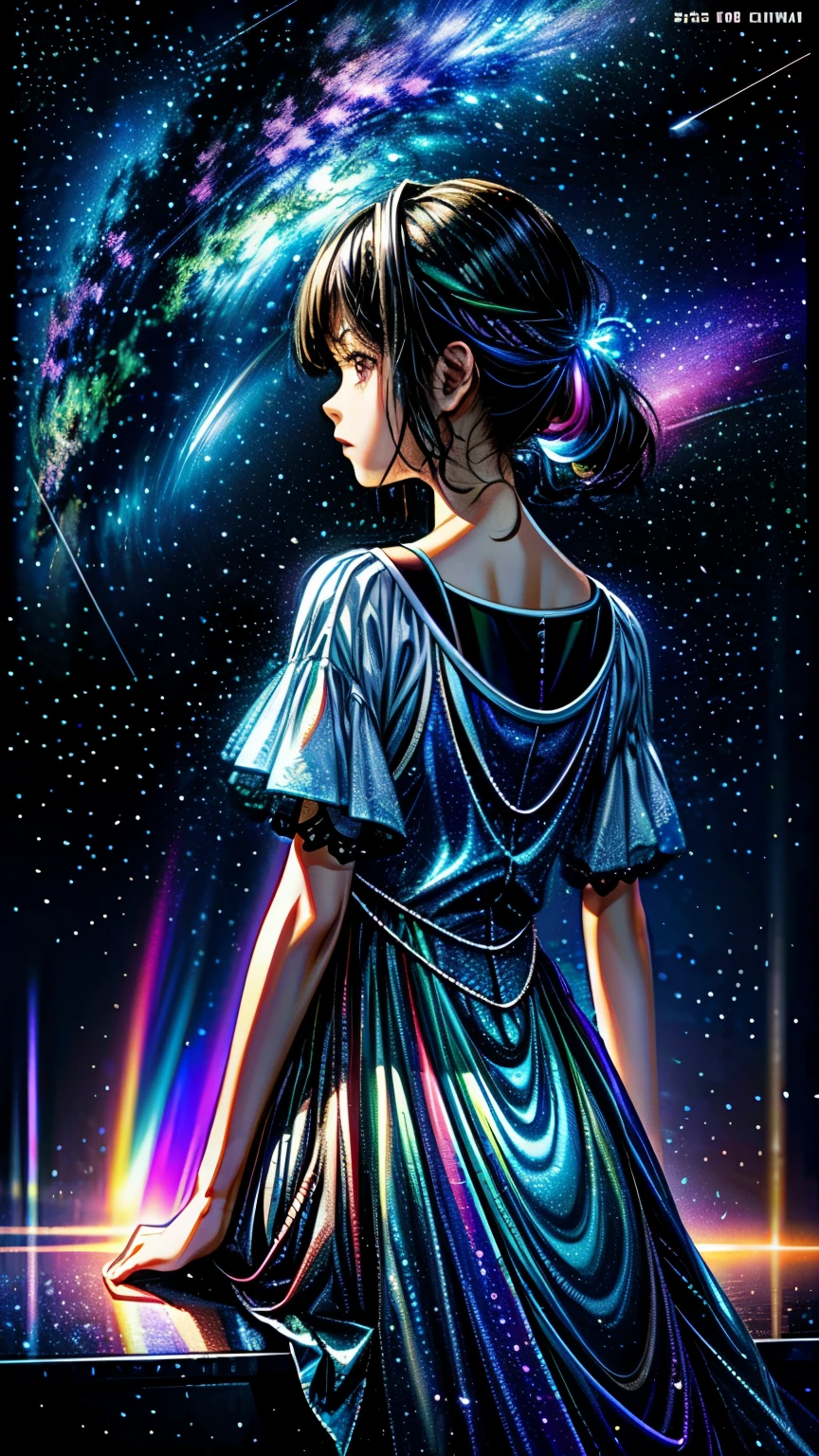 Girl in a glowing dress, The girl is far from the viewer、Depicting a girl smaller、distant girls has FineSkin staring at the performer, (Zoom out:1.3), (Dazzling meteor shower:1.2), (comet:1.1), yourname, Low - Angle, From behind, Aloura Borealis, shooting star, cherry blossoms, Sitting and looking up at the sky,Highest quality, masterpiece, cloud,colorful, Starry sky,performer . (Accutance:0.85),(RAW Photorealism and Hyperrealism:1.37), Rainbow colors、Cinema poster with sky as the main focus
