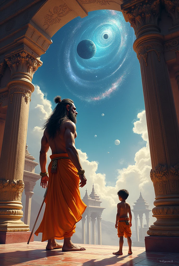 Create the hanuman  with one boy on the front of temple going to the space