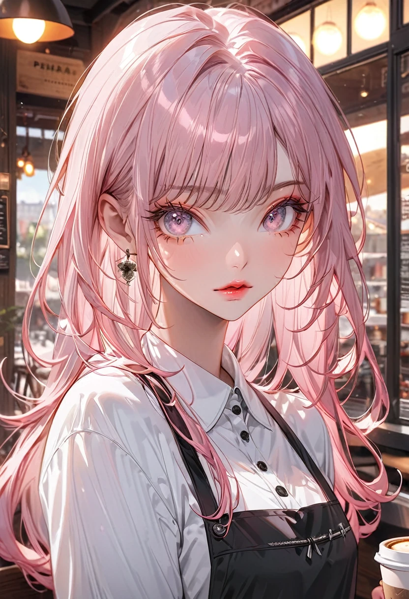 (Highest quality,Very detailed,High resolution:1.2),Slim beautiful girl,Pink Hair,very_Long eyelashes, Detailed lips, Cool look, Soft Skin, Shiny Hair,Exquisite makeup,Coffee shop in the background,He is wearing an apron over his white shirt