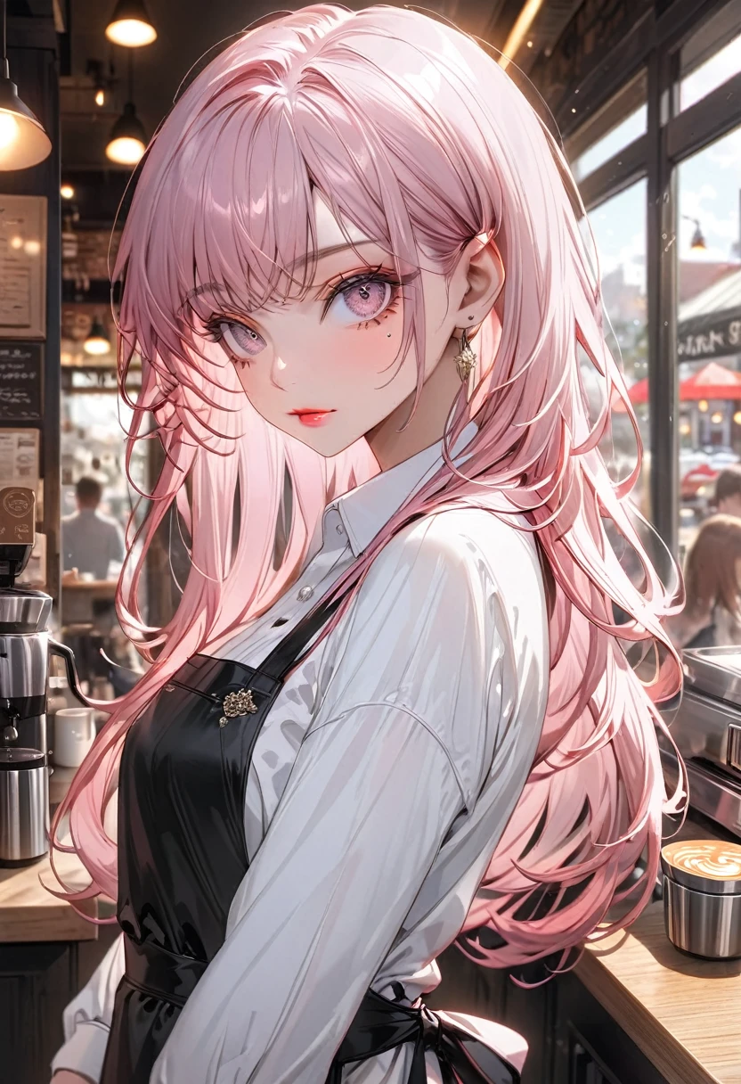 (Highest quality,Very detailed,High resolution:1.2),Slim beautiful girl,Pink Hair,very_Long eyelashes, Detailed lips, Cool look, Soft Skin, Shiny Hair,Exquisite makeup,Coffee shop in the background,He is wearing an apron over his white shirt