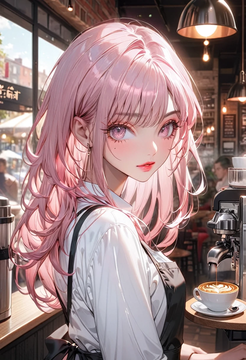 (Highest quality,Very detailed,High resolution:1.2),Slim beautiful girl,Pink Hair,very_Long eyelashes, Detailed lips, Cool look, Soft Skin, Shiny Hair,Exquisite makeup,Coffee shop in the background,He is wearing an apron over his white shirt